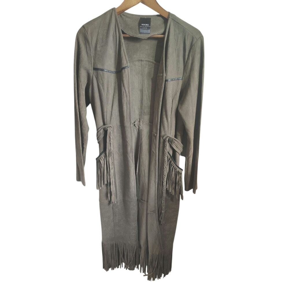 Vocal Collection Faux Suede Fringe Duster Cardigan Jacket Taupe Boho Western Med - Picture 2 of 5